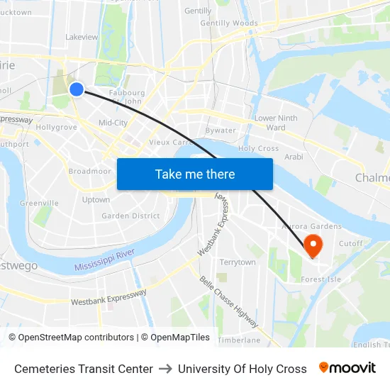 Cemeteries Transit Center to University Of Holy Cross map