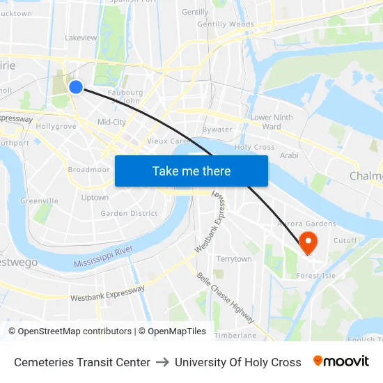 Cemeteries Transit Center to University Of Holy Cross map
