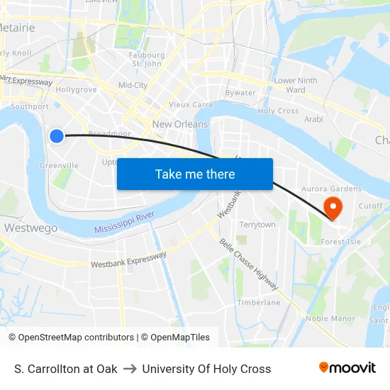 S. Carrollton at Oak to University Of Holy Cross map