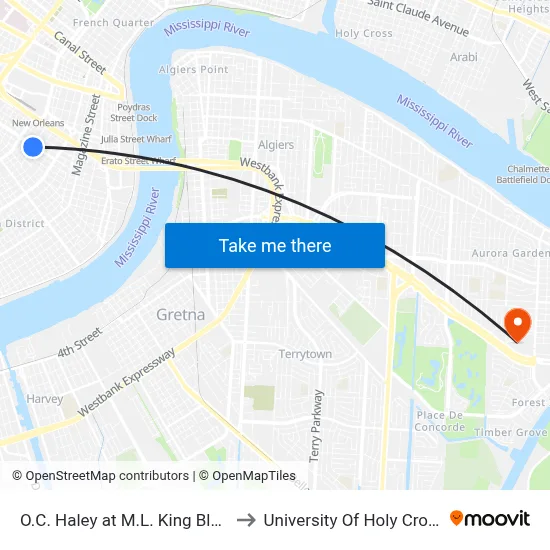 O.C. Haley at M.L. King Blvd. to University Of Holy Cross map