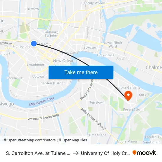 S. Carrollton Ave. at Tulane Ave. to University Of Holy Cross map