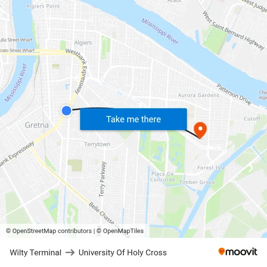 Wilty Terminal to University Of Holy Cross map