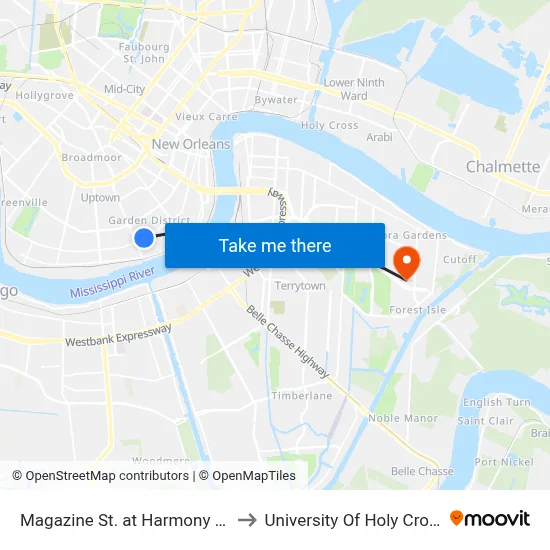Magazine St. at Harmony St. to University Of Holy Cross map