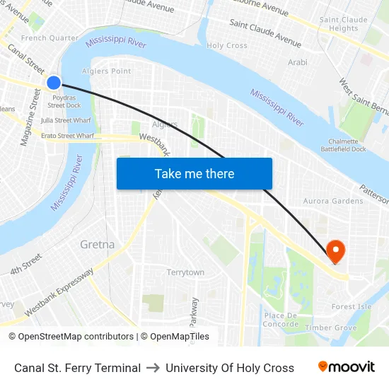 Canal St. Ferry Terminal to University Of Holy Cross map