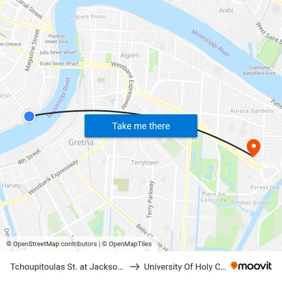 Tchoupitoulas St. at Jackson Ave. to University Of Holy Cross map