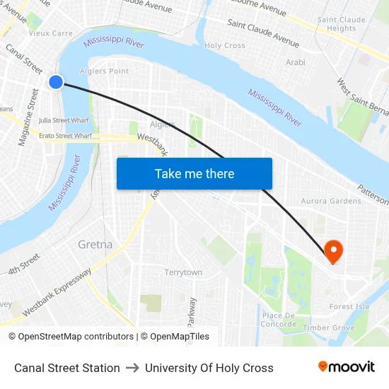 Canal Street Station to University Of Holy Cross map
