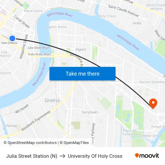 Julia Street Station (N) to University Of Holy Cross map