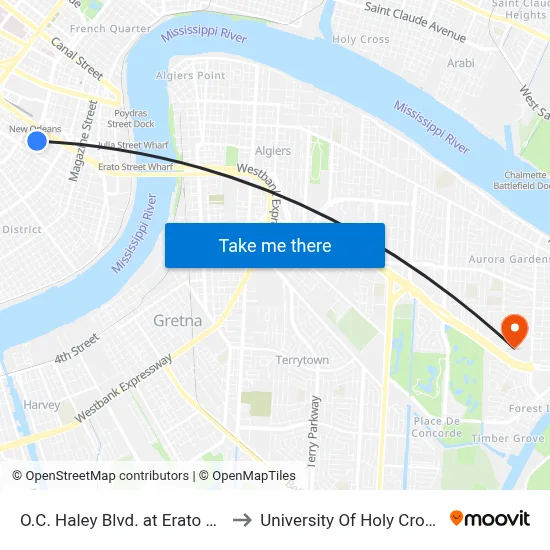 O.C. Haley Blvd. at Erato St. to University Of Holy Cross map