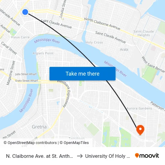 N. Claiborne Ave. at St. Anthony St. to University Of Holy Cross map