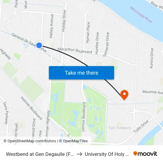 Westbend at Gen Degaulle (Farside) to University Of Holy Cross map