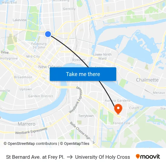 St Bernard Ave. at Frey Pl. to University Of Holy Cross map