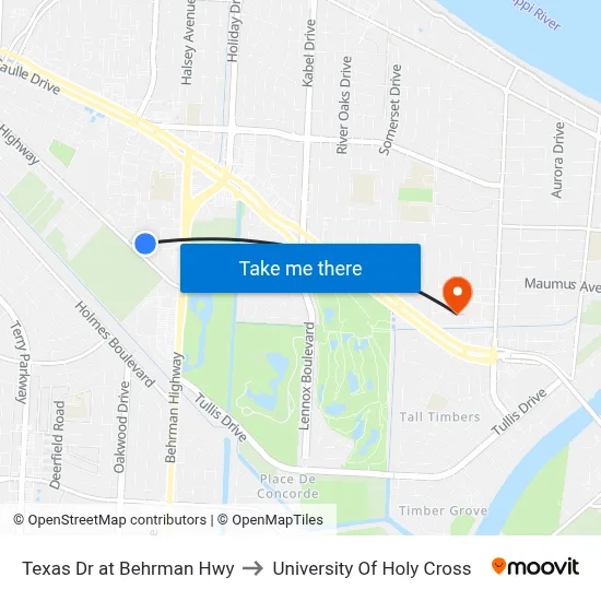 Texas Dr at Behrman Hwy to University Of Holy Cross map
