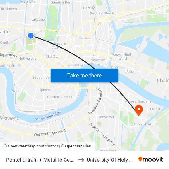 Pontchartrain + Metairie Cemetery to University Of Holy Cross map