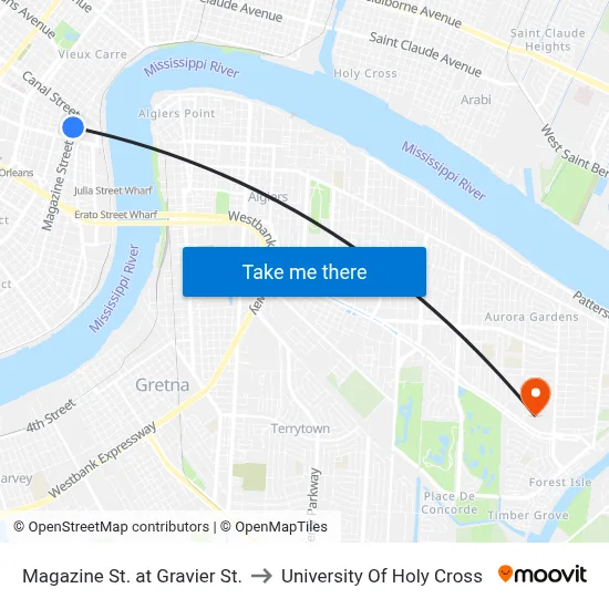 Magazine St. at Gravier St. to University Of Holy Cross map