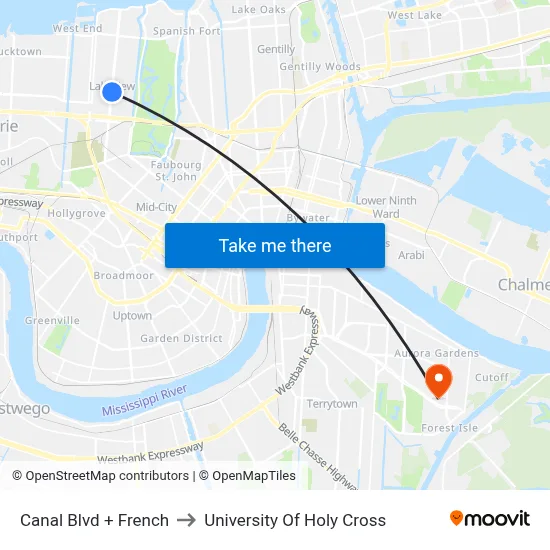 Canal Blvd + French to University Of Holy Cross map