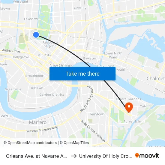 Orleans Ave. at Navarre Ave. to University Of Holy Cross map