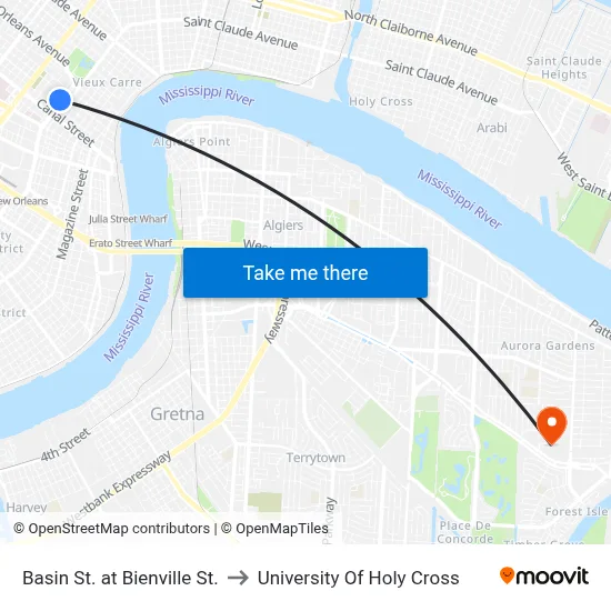 Basin St. at Bienville St. to University Of Holy Cross map