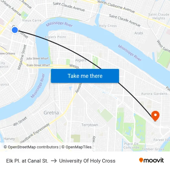 Elk Pl. at Canal St. to University Of Holy Cross map