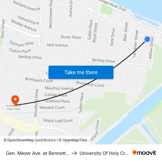 Gen. Meyer Ave. at Bennett St. to University Of Holy Cross map