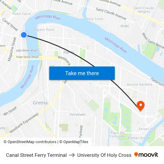 Canal Street Ferry Terminal to University Of Holy Cross map