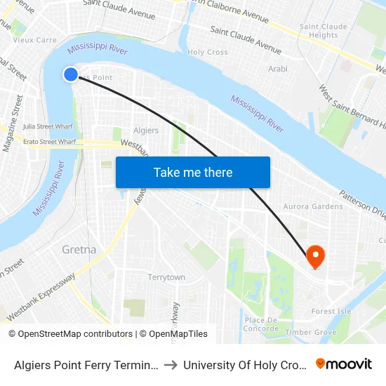 Algiers Point Ferry Terminal to University Of Holy Cross map