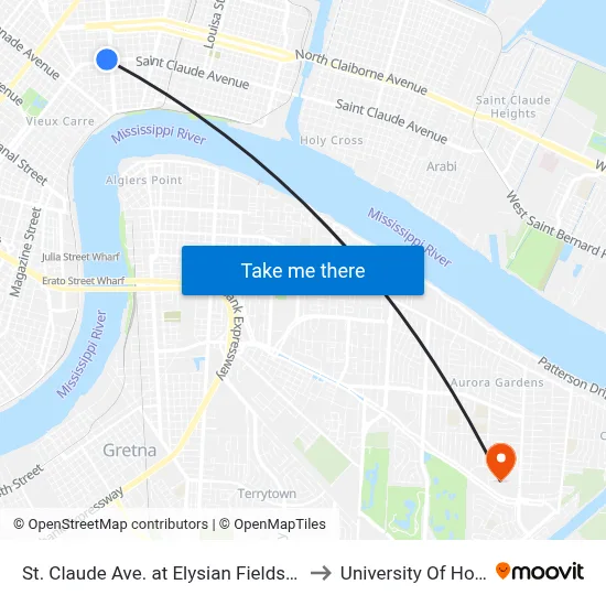 St. Claude Ave. at Elysian Fields Ave. (Farside) to University Of Holy Cross map