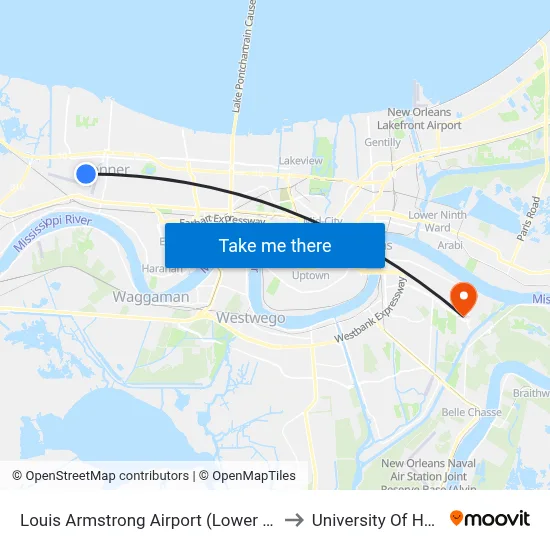 Louis Armstrong Airport (Lower Level- Zone B4) to University Of Holy Cross map
