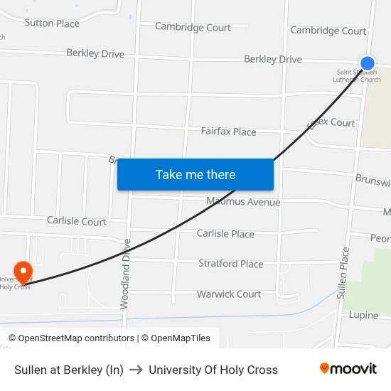 Sullen at Berkley (In) to University Of Holy Cross map