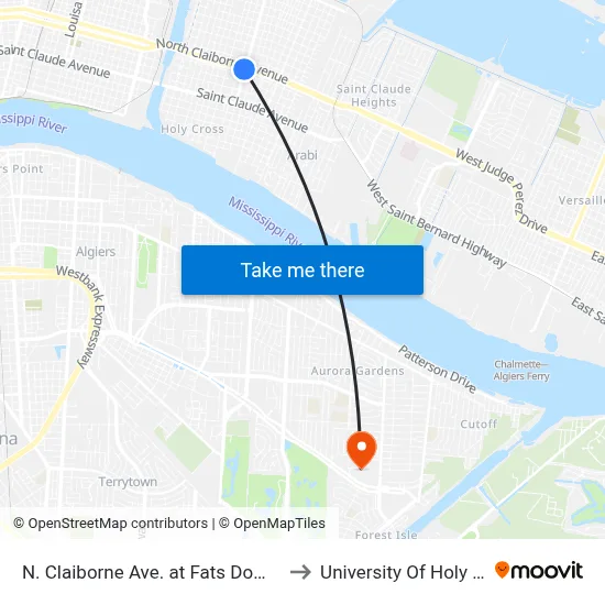 N. Claiborne Ave. at Fats Domino Ave. to University Of Holy Cross map