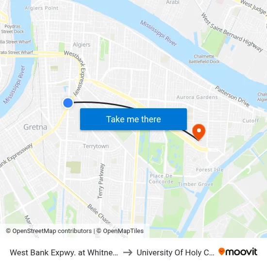 West Bank Expwy. at Whitney Ave. to University Of Holy Cross map