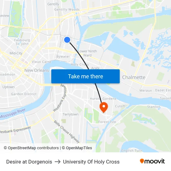 Desire at Dorgenois to University Of Holy Cross map
