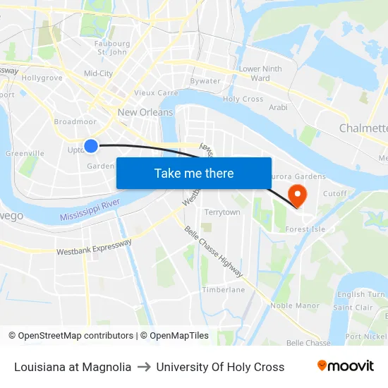 Louisiana at Magnolia to University Of Holy Cross map