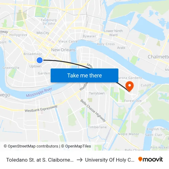 Toledano St. at S. Claiborne Ave. to University Of Holy Cross map