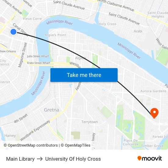 Main Library to University Of Holy Cross map