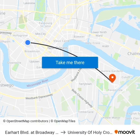 Earhart Blvd. at Broadway St. to University Of Holy Cross map