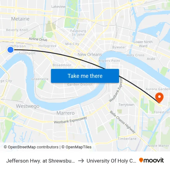Jefferson Hwy. at Shrewsbury Rd. to University Of Holy Cross map