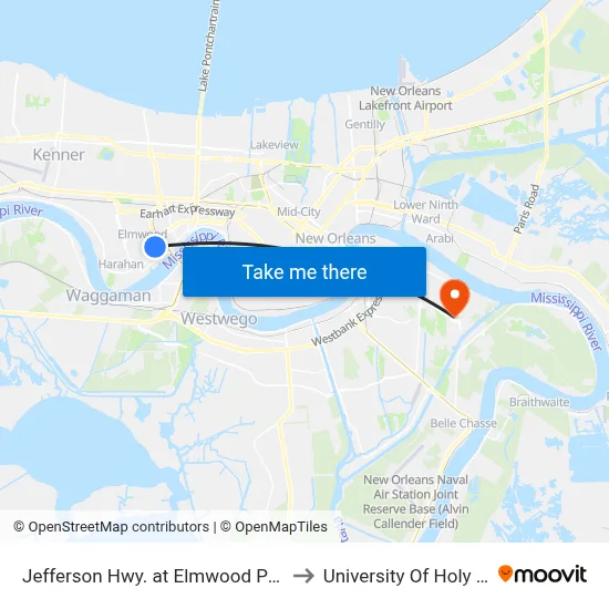 Jefferson Hwy. at Elmwood Park Blvd. to University Of Holy Cross map