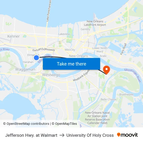 Jefferson Hwy. at Walmart to University Of Holy Cross map