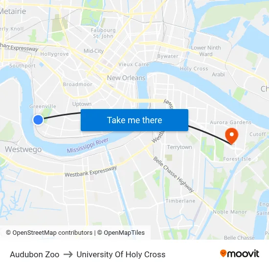 Audubon Zoo to University Of Holy Cross map