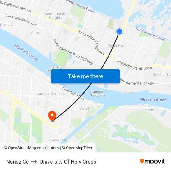 Nunez Cc to University Of Holy Cross map