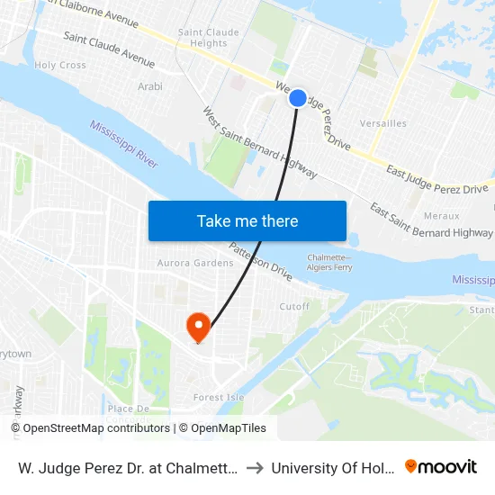 W. Judge Perez Dr. at Chalmette Retail Ctr. to University Of Holy Cross map