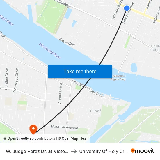 W. Judge Perez Dr. at Victor St. to University Of Holy Cross map