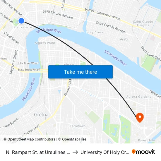 N. Rampart St. at Ursulines Ave. to University Of Holy Cross map