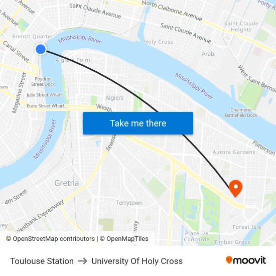 Toulouse Station to University Of Holy Cross map