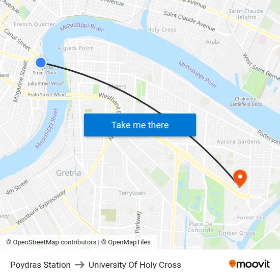 Poydras Station to University Of Holy Cross map