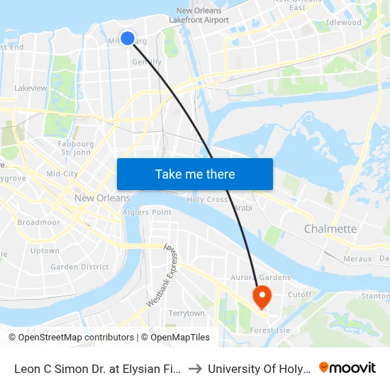 Leon C Simon Dr. at Elysian Fields Ave. to University Of Holy Cross map