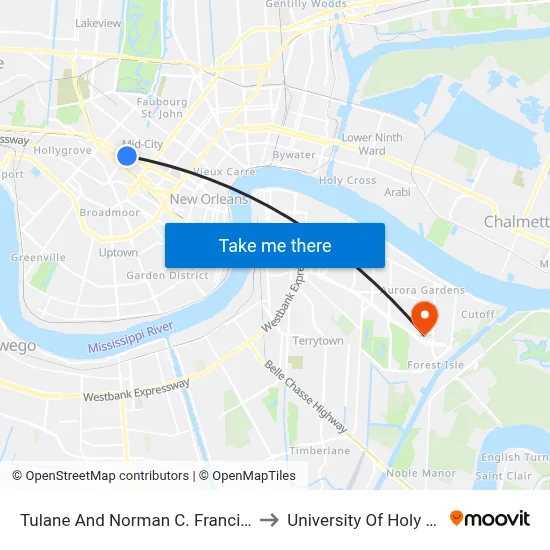 Tulane And Norman C. Francis Pkwy to University Of Holy Cross map