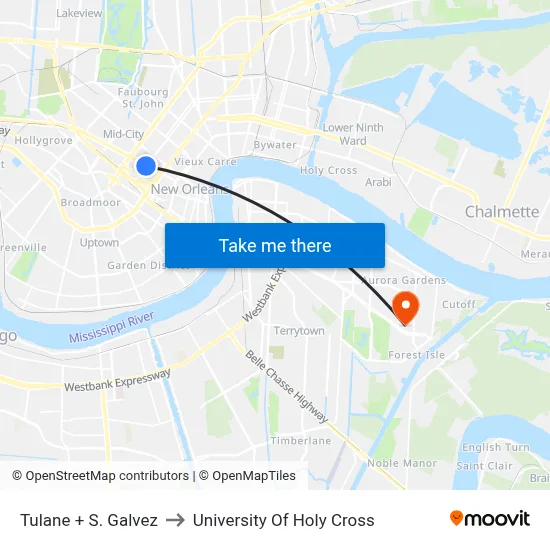 Tulane + S. Galvez to University Of Holy Cross map