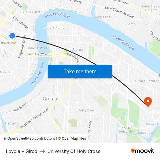 Loyola + Girod to University Of Holy Cross map