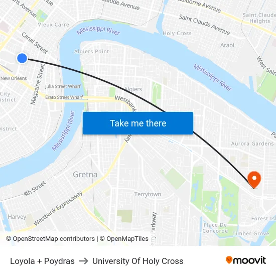 Loyola + Poydras to University Of Holy Cross map